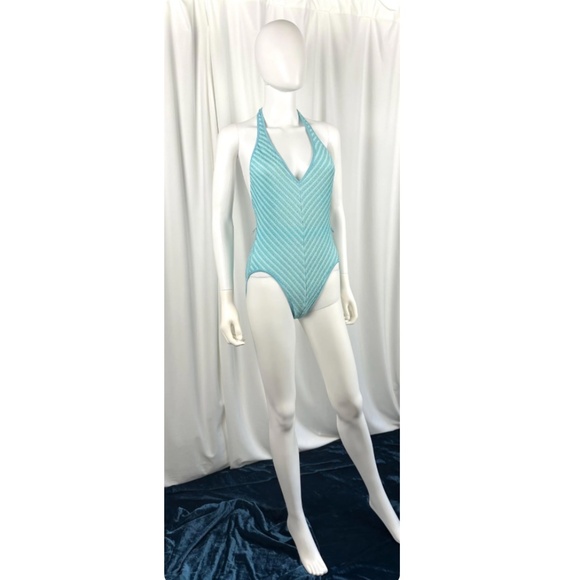 Vintage 1970’s 1980’s Bobbie Brooks Baby Blue Striped One Piece Bathing Suit • S - Picture 3 of 9